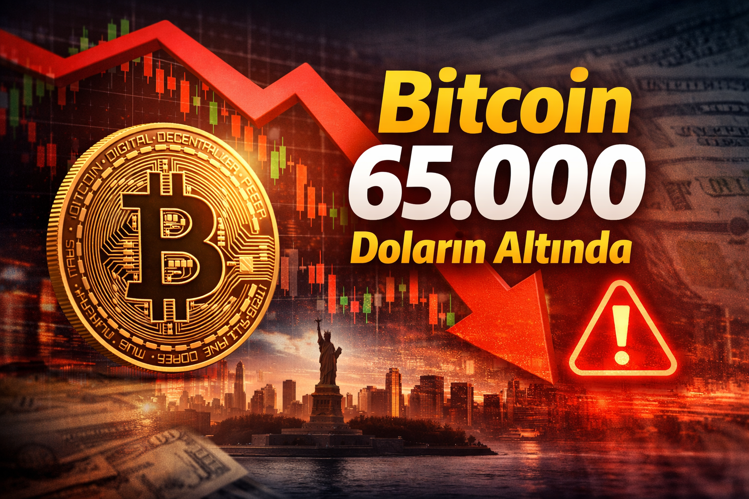 Bitcoin 65 bin doların altına gerilerken kırmızı düşüş grafiği ve finansal piyasa arka planı