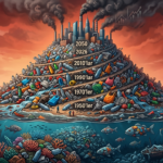 Okyanusta yüzen plastik atıklar ve deniz ekosistemindeki plastik kirliliğini temsil eden dijital sanat çalışması.