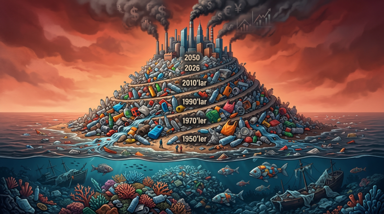 Okyanusta yüzen plastik atıklar ve deniz ekosistemindeki plastik kirliliğini temsil eden dijital sanat çalışması.