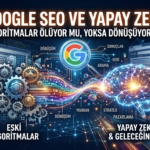 Google SEO ve yapay zeka arasındaki dönüşümü simgeleyen, eski algoritmaları temsil eden çarklardan, geleceğin yapay zeka (AI) SEO'sunu temsil eden dijital beyne uzanan veri akışını gösteren dijital illüstrasyon.