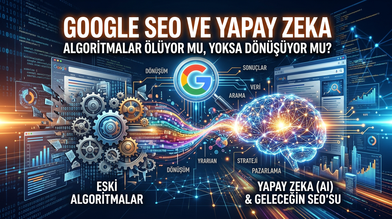 Google SEO ve yapay zeka arasındaki dönüşümü simgeleyen, eski algoritmaları temsil eden çarklardan, geleceğin yapay zeka (AI) SEO'sunu temsil eden dijital beyne uzanan veri akışını gösteren dijital illüstrasyon.