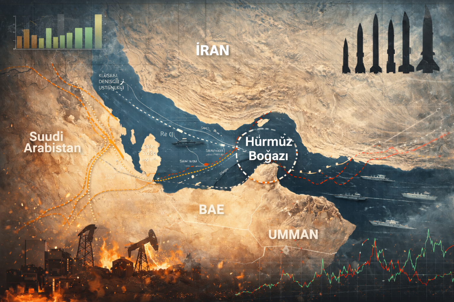 ABD ve İsrail’in İran’a saldırısı dördüncü gün analizi kapsamında, Hürmüz Boğazı'nın kapatıldığını ve petrol monarşileri üzerindeki baskıyı gösteren jeopolitik harita diagramı.