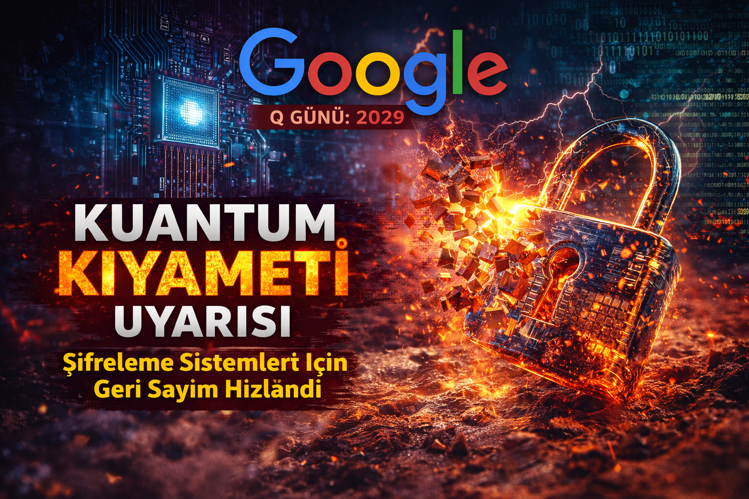 Dijital devre yolları ve binary kodların bulunduğu koyu bir teknolojik arka plan üzerinde, sol üstte mavimsi bir kuantum işlemciyi temsil eden devre kartı ve sağda ateşli bir patlamayla parçalanmakta olan metal bir asma kilit gösteren dramatik bir uyarı görseli. Üst kısımda Google logosu ve altında 'Q GÜNÜ: 2029' tarihi, ortada büyük harflerle 'KUANTUM KIYAMETİ UYARISI' ve altta 'Şifreleme Sistemleri İçin Geri Sayım Hızlandı' Türkçe metinleri yer alıyor.