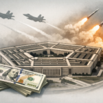 Merkezde Pentagon binası, üzerinde uçan savaş uçakları ve ateşlenen füzeler ile ön planda üst üste yığılmış 100 dolarlık banknot desteleri. Savaşın mali maliyetini ve savunma sanayii kârlarını simgeleyen kolaj çalışma.