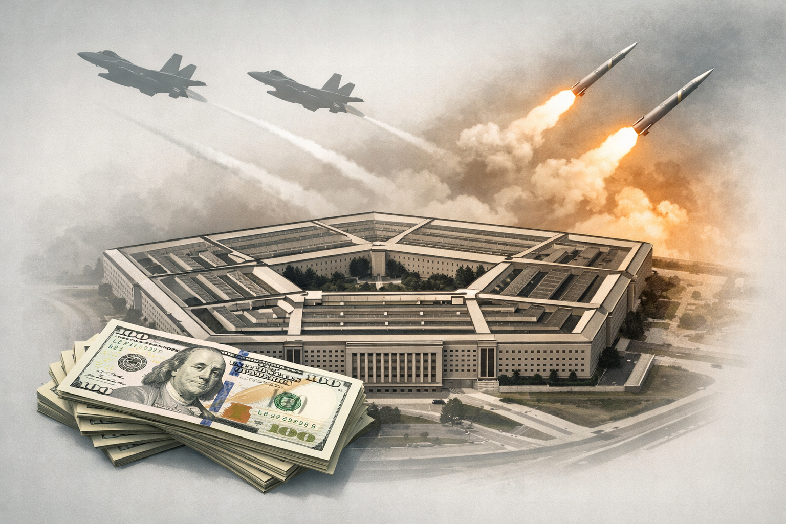 Merkezde Pentagon binası, üzerinde uçan savaş uçakları ve ateşlenen füzeler ile ön planda üst üste yığılmış 100 dolarlık banknot desteleri. Savaşın mali maliyetini ve savunma sanayii kârlarını simgeleyen kolaj çalışma.