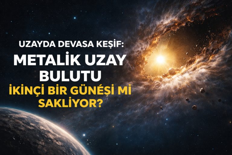 Koyu bir yıldız alanı ve gezegen kenarının bulunduğu dramatik bir uzay arka planı üzerinde, sağda parlak, kozmik toz ve kayalarla çevrili bir güneş ve ona doğru çekilen asteroitleri gösteren bir illüstrasyon. Görüntünün üst kısmında büyük beyaz harflerle 'UZAYDA DEVASA KEŞİF: METALİK UZAY BULUTU' ve altında sarı harflerle 'İKİNCİ BİR GÜNEŞİ Mİ SAKLIYOR?' Türkçe metni yer alıyor.