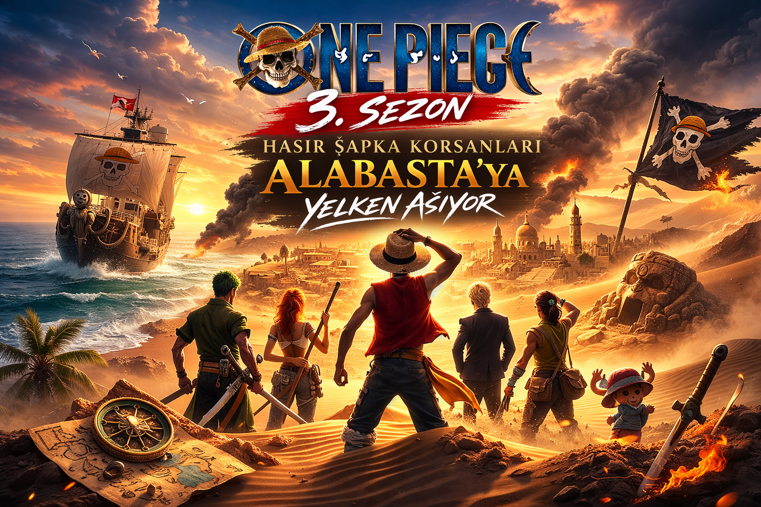 One Piece 3. sezon için hazırlanan yatay kapak görselinde Hasır Şapka Korsanları Alabasta çölüne bakarken, arkada yanan şehir ve denizde ilerleyen korsan gemisi yer alıyor