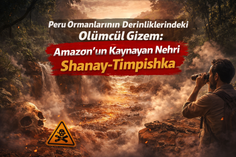 Peru Amazonları'ndaki gizemli, akkor halinde kaynayan nehir Shanay-Timpishka'yı keşfeden dürbünlü bir adam. Ön planda bir insan kafatası ve ölümcül tehlike uyarı tabelası. Görüntünün üst kısmında başlık yazısı var.