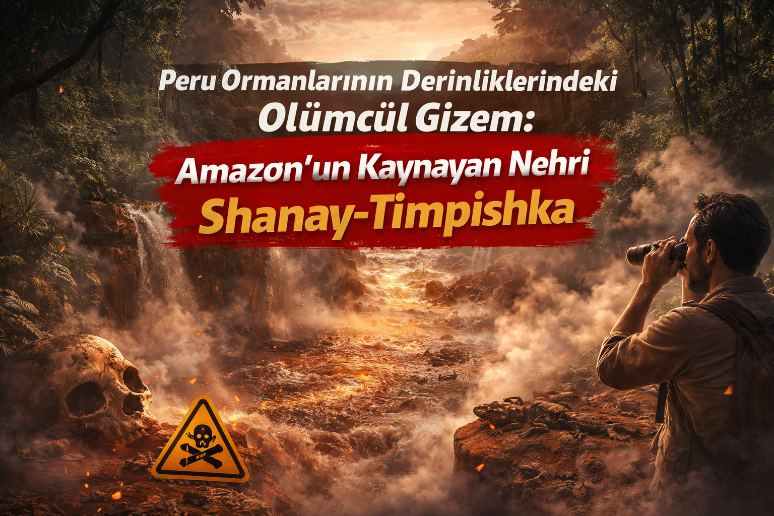 Peru Amazonları'ndaki gizemli, akkor halinde kaynayan nehir Shanay-Timpishka'yı keşfeden dürbünlü bir adam. Ön planda bir insan kafatası ve ölümcül tehlike uyarı tabelası. Görüntünün üst kısmında başlık yazısı var.