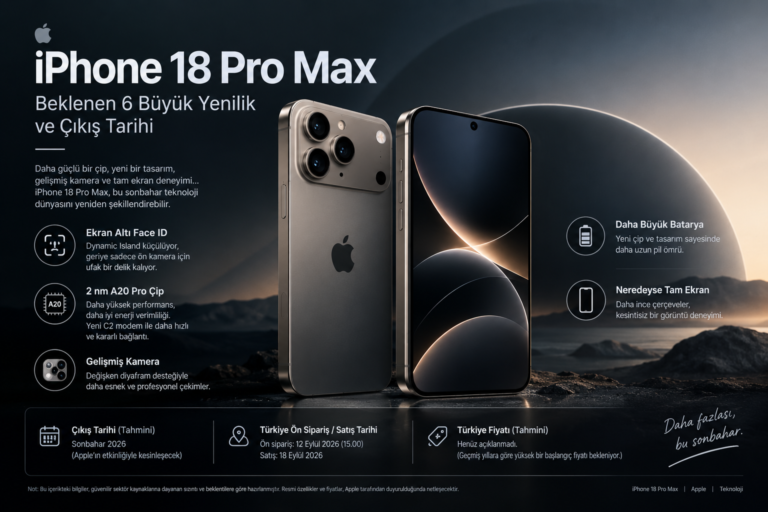 iPhone 18 Pro Max ve beklenen yeni özelliklerini gösteren teknoloji görseli