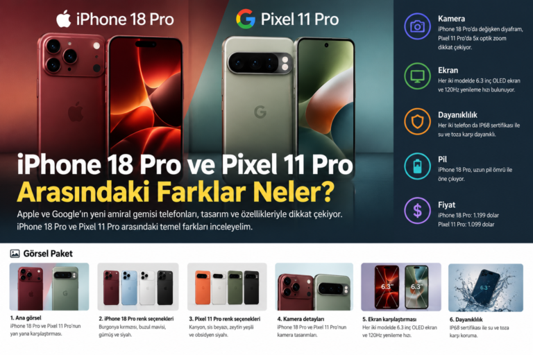 iPhone 18 Pro ve Pixel 11 Pro karşılaştırması * Görsel başlığı: iPhone 18 Pro ve Pixel 11 Pro Arasındaki Farklar