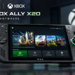 ASUS ROG Xbox Ally X20 taşınabilir oyun konsolu, şeffaf koyu renkli tasarımı, OLED ekranı ve yeşil ışıklı kontrol düğmeleriyle.