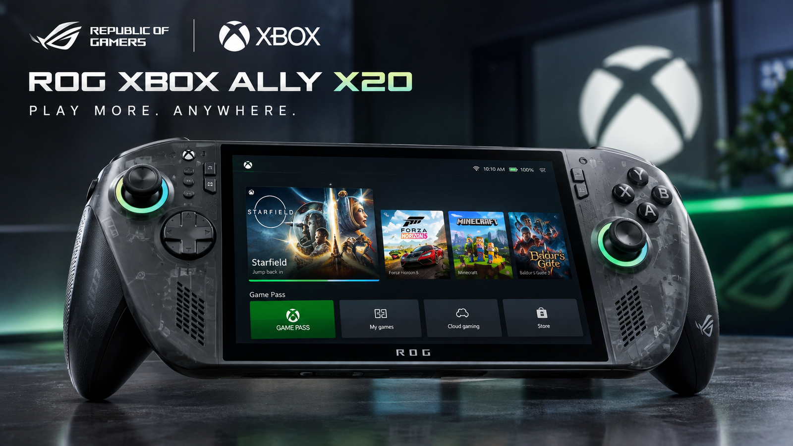 ASUS ROG Xbox Ally X20 taşınabilir oyun konsolu, şeffaf koyu renkli tasarımı, OLED ekranı ve yeşil ışıklı kontrol düğmeleriyle.