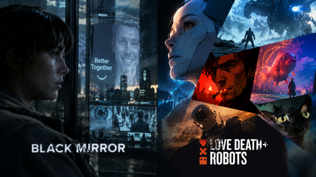 Black Mirror ve Love, Death & Robots dizilerinin karşılaştırıldığı görsel: Bir tarafta dijital gözetim ve teknolojik distopyayı temsil eden karanlık bir atmosfer, diğer tarafta bilim kurgu animasyonları, robotlar ve fantastik karakterlerle şekillenen renkli bir evren.