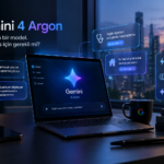 Google Gemini 4 Argon yapay zekâ modelini temsil eden, dizüstü bilgisayar ekranında Gemini arayüzü ve çevresinde gelişmiş akıl yürütme, yazılım geliştirme ve veri analizi özelliklerini simgeleyen dijital paneller bulunan teknolojik çalışma ortamı.