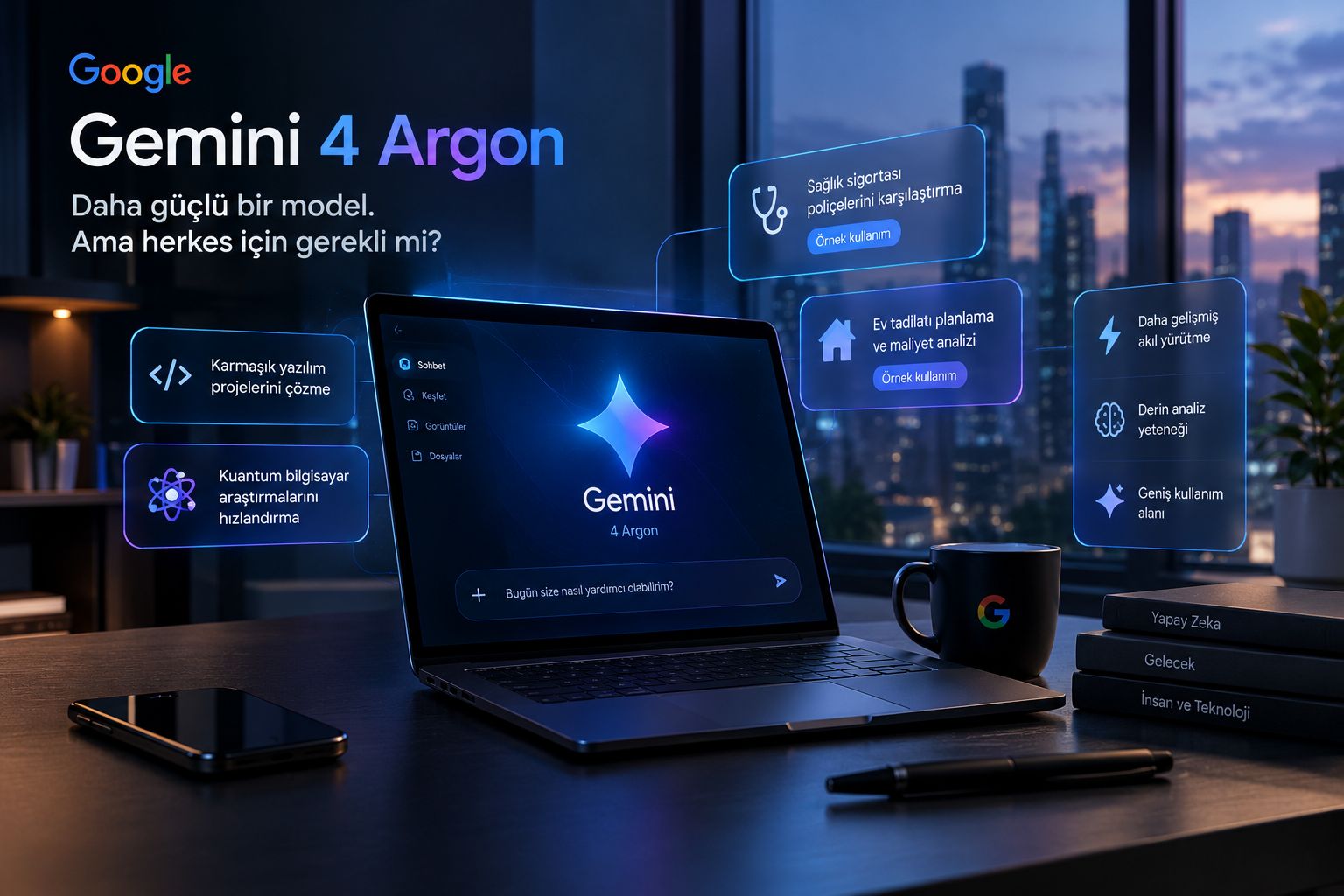 Google Gemini 4 Argon yapay zekâ modelini temsil eden, dizüstü bilgisayar ekranında Gemini arayüzü ve çevresinde gelişmiş akıl yürütme, yazılım geliştirme ve veri analizi özelliklerini simgeleyen dijital paneller bulunan teknolojik çalışma ortamı.