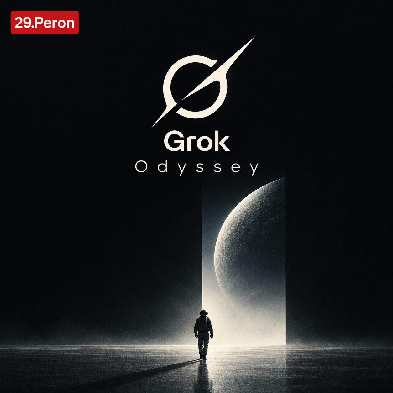 Grok Odyssey yazısı, uzay temalı minimalist tasarım ve 29.Peron logosuyla hazırlanan sürrealist görsel.