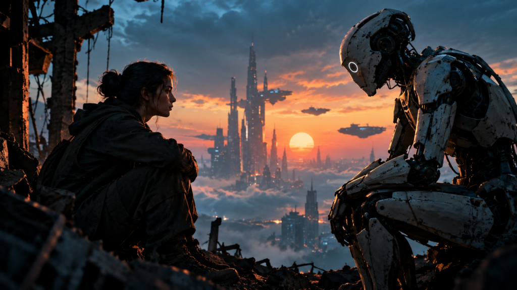 Love Death & Robots estetiğini çağrıştıran distopik bilim kurgu sahnesinde, gün batımında yıkılmış bir geleceğin kalıntıları arasında karşılıklı oturan bir insan ve robot.