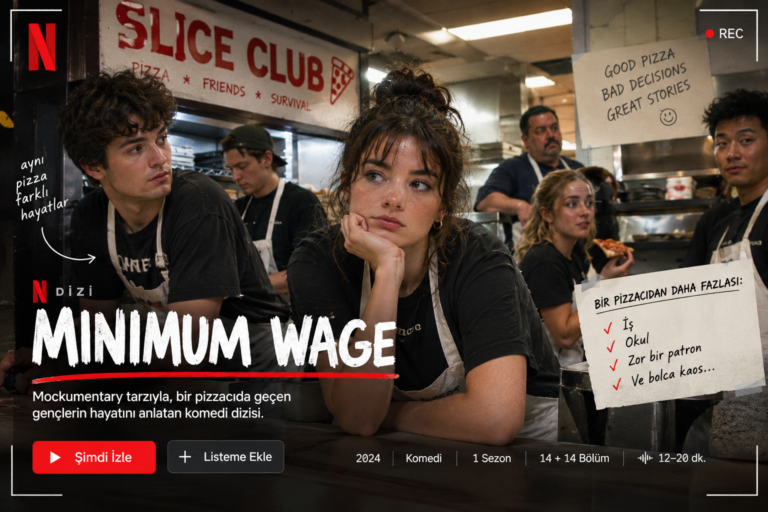 Netflix’in Minimum Wage dizisini temsil eden tanıtım görseli; Slice Club adlı pizzacıda çalışan gençleri, yoğun mutfak ortamını ve iş hayatının komik karmaşasını yansıtan mockumentary konsepti.