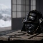 Geleneksel ahşap masa üzerinde duran siyah samurai maskesi ve arka planda karlı dağ manzarası