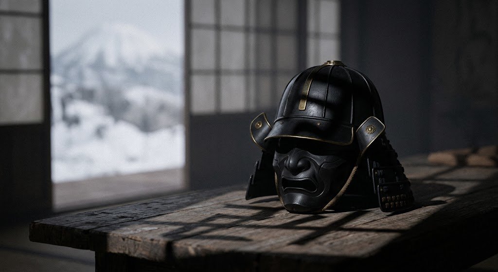 Geleneksel ahşap masa üzerinde duran siyah samurai maskesi ve arka planda karlı dağ manzarası