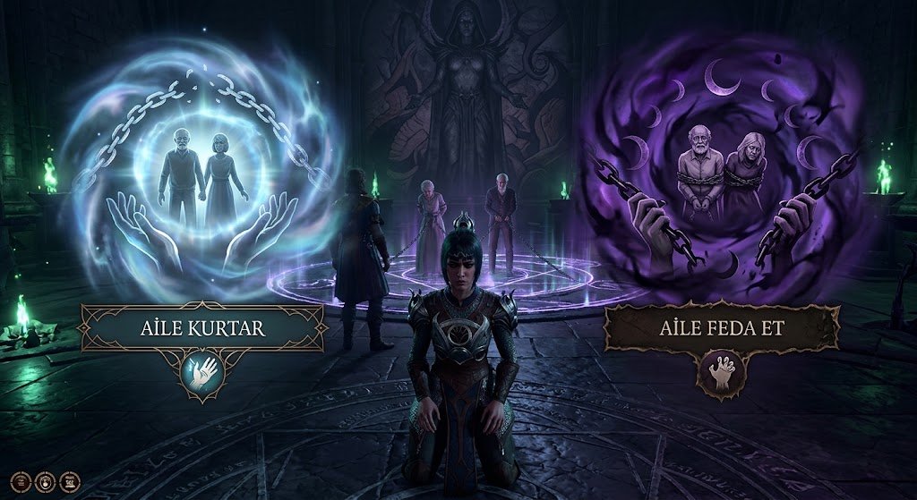 Baldur's Gate 3 oyununda Shadowheart karakterinin, Grief Evi Deepest Chamber'da diz çökmüş halde, önündeki 'AİLE KURTAR' (zincir kıran sihir) ve 'AİLE FEDA ET' (zincirleyen sihir) yazılı sihirli portallar arasında karar vermeye çalışması