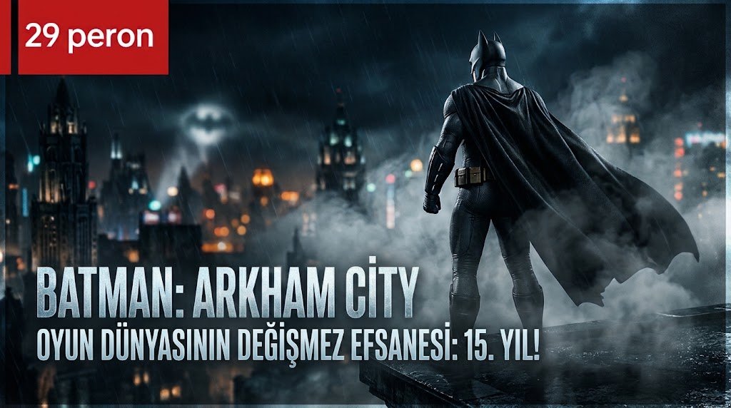 :Gotham Şehri manzarasına sırtı dönük bakan sisler içindeki Batman ve Batman Arkham City yazısı