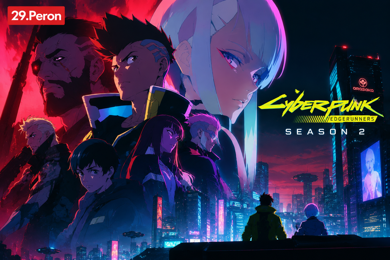 Cyberpunk Edgerunners 2. sezon için neon ışıklı Night City ve anime karakterleri