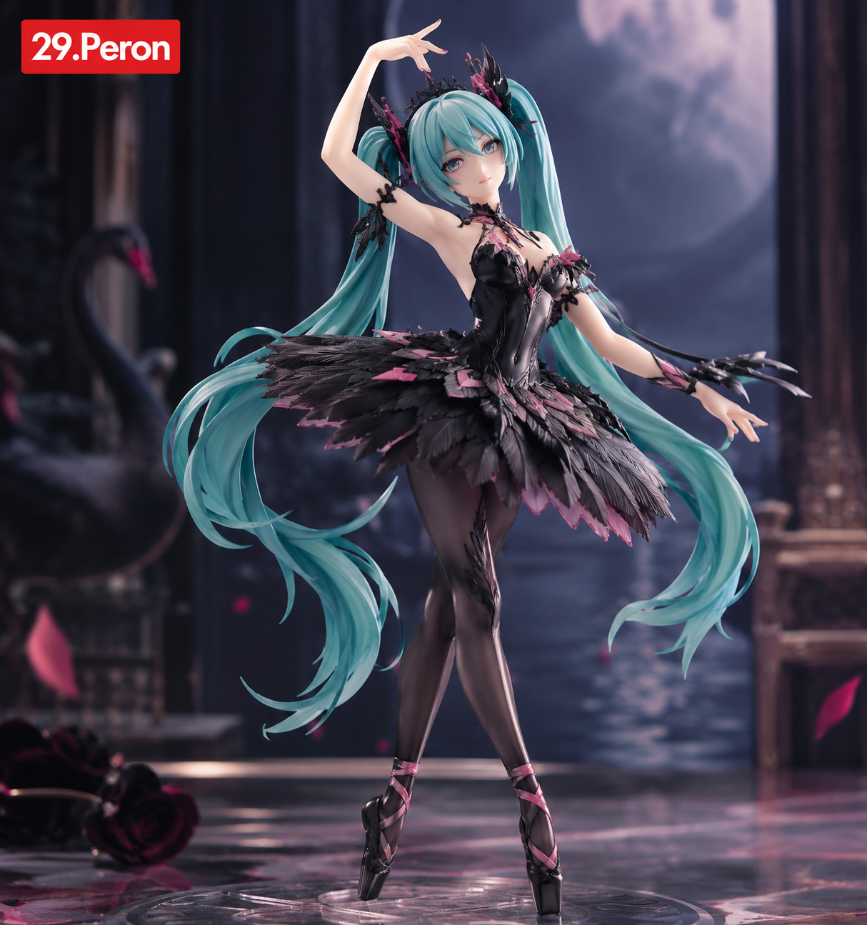 Hatsune Miku Siyah Kuğu temalı figür, siyah ve pembe bale kostümüyle