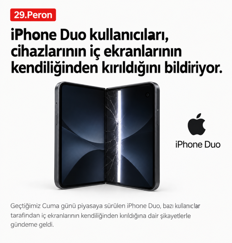 Menteşe hattı boyunca çatlamış iç ekrana sahip katlanabilir iPhone Duo ve 29.Peron teknoloji haber tasarımı.