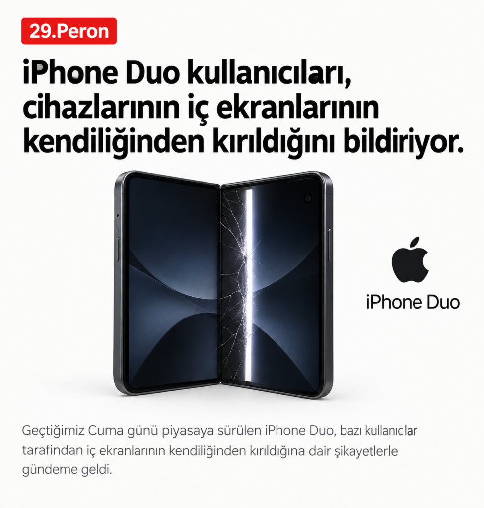 Menteşe hattı boyunca çatlamış iç ekrana sahip katlanabilir iPhone Duo ve 29.Peron teknoloji haber tasarımı.