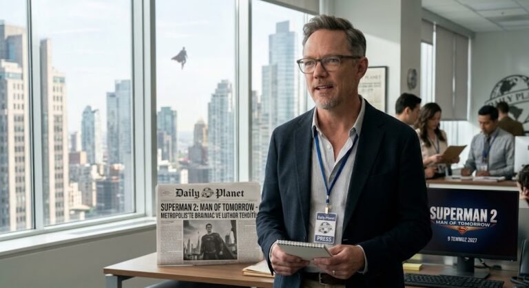 Metropolis manzaralı Daily Planet ofisinde elinde not defteriyle duran gözlüklü Matthew Lillard ve pencereden görünen Superman silüeti.