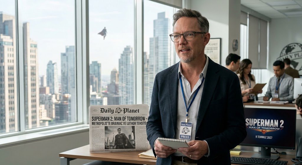 Metropolis manzaralı Daily Planet ofisinde elinde not defteriyle duran gözlüklü Matthew Lillard ve pencereden görünen Superman silüeti.