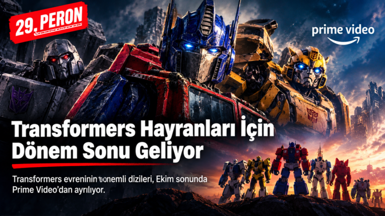 Transformers karakterleri ve Prime Video logosuyla hazırlanan, Transformers dizilerinin platformdan kaldırılacağını duyuran haber görseli.