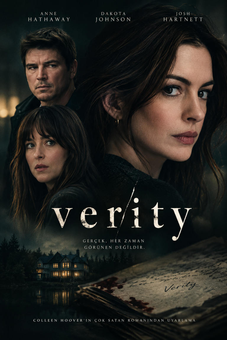 Anne Hathaway, Dakota Johnson ve Josh Hartnett’in başrollerinde yer aldığı Verity filminin psikolojik gerilim temalı afişi.