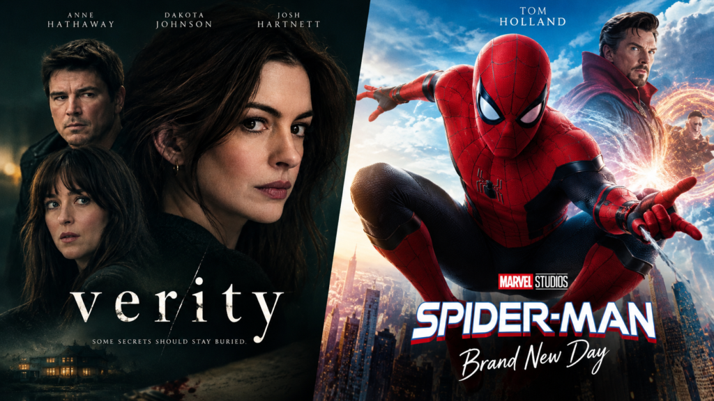 Anne Hathaway’in Verity filmi ile Tom Holland’ın başrolünde yer aldığı Spider-Man: Brand New Day filminin yan yana yer aldığı sinematik kolaj.